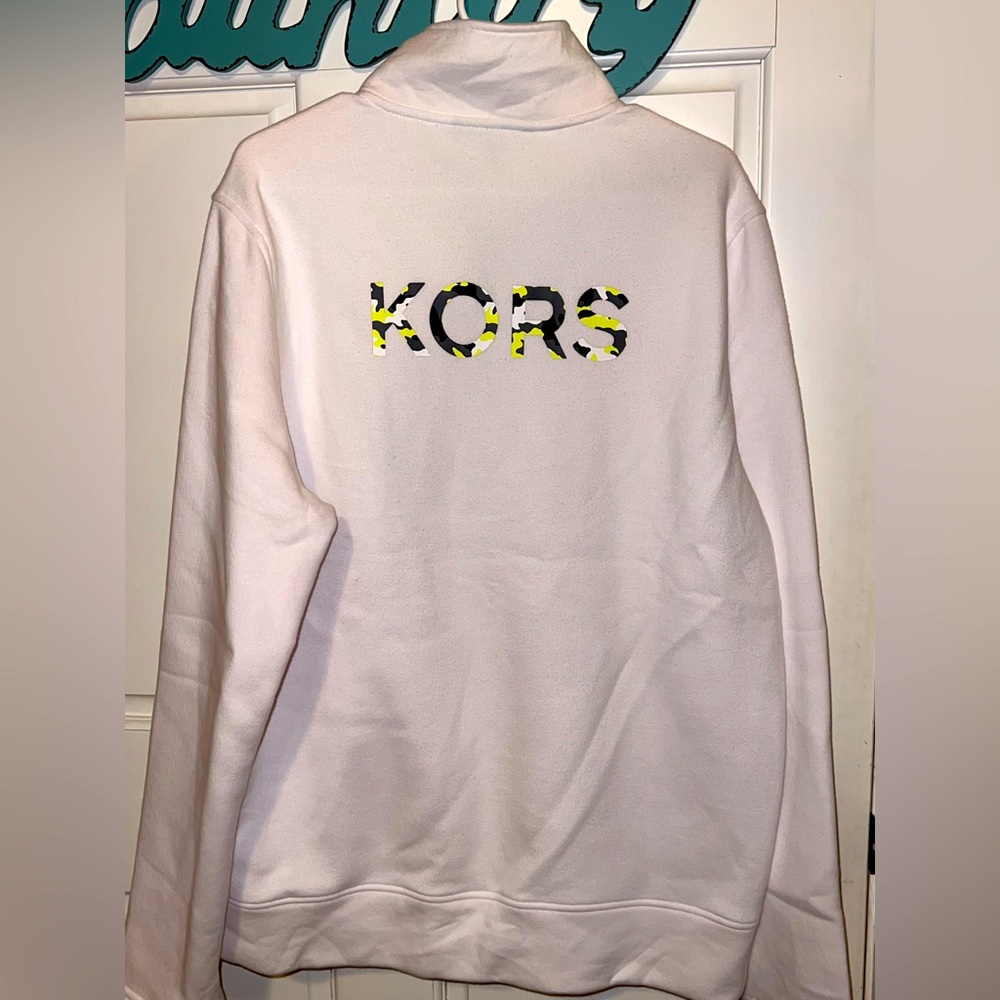 Michael Kors White 1/4 zip sweater with small chest logo and large on back